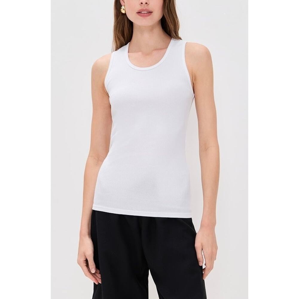 ENZA COSTA Cotton Rib Scoop Tank Top Women XS White Sleeveless Shirt Stretch NEW